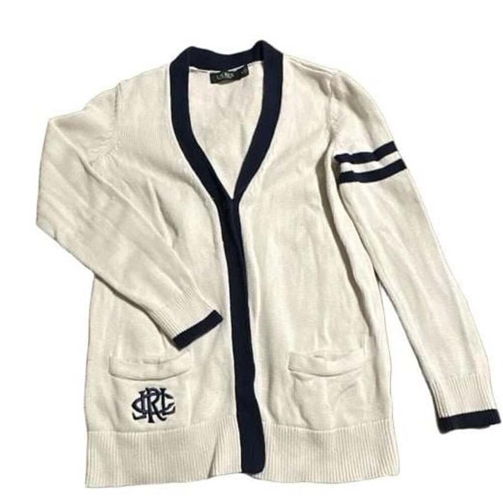Lauren Ralph Lauren Cardigan Size M White Navy Trim